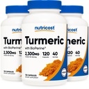 Nutricost Turmeric Curcumin Pillen (3 Pack) mit BioPerine und 95% Curcuminoide, 2300mg, 120 Kapseln, Veggie Kapseln, 767mg pro Cap, 40 Portionen, Glutenfrei, Non-GMO