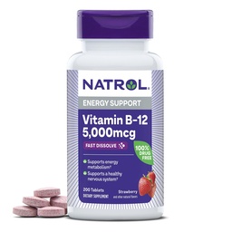 Natrol Vitamin B12 5.000 mcg, Fast Dissolve Vitamin B12 Ergänzung unterstützt ein gesundes Nervous System und Energie Stoffwechsel, 200 Tabletten, bis zu einem 200 Tage Versorgung