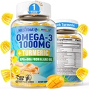 Vegan Omega-3 Gummies 1000mg + Kurkuma - Omega 3 Fischöl Alternative für Erwachsene - Algen DHA 600mg & EPA 300mg, Vitamine A, C, E, Zink & MSM, Zuckerfrei, 60 Cts