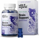 Wild & Organic Brain Support Gummis - Focus Supplement w/Ashwagandha Root, Vitamin B12, Ginkgo Biloba, Bacopa - Vegan Chews für Clarity & Productivity - 60 Brain Gummis