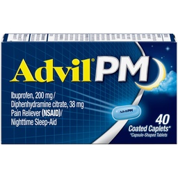 Advil PM Schmerzlinderung und Nacht Schlafhilfe, Schmerzmedizin mit Ibuprofen für Schmerzlinderung und Diphenhydramin Citrat für eine Schlafhilfe - 40 beschichtete Caplets