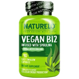 NATURELO Vegan B12 - Methyl B12 mit Bio Spirulina - Hohe Potenz Vitamin B12 1000 mcg Methylcobalamin - Unterstützt gesunde Stimmung, Energie, Herz und Augengesundheit - 90 Kapseln