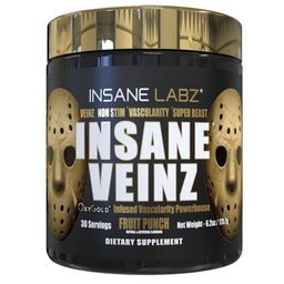 Insane Labz Insane Veinz Gold, Nitric Oxide Non Stimolant pre polvere di allenamento, Caricato con Hydromax, Nitrosigine, Aumenta la vascolarità e flusso sanguigno, 30 Srvgs, Punch di frutta