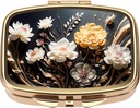 Boîte à pilules Dynippy avec miroir Retro Pocket 2 Compartiment Médicament organisateur de pilules de vitamine pour la chasse à la poche et les voyages (Gold- Flower 1)