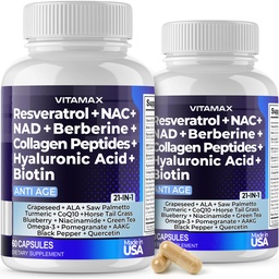 Vitamax Resveratrol NAD+ Berberine Hyaluronsäure - Biotin Grape & Blueberry + NAC - Collagen Peptides - Haar, Nagel, Skin & Joint Supplement - 21-in-1 Damen und Herren - Made in USA - 120 Count