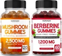 Mushroom Gummies (120 Gummis) Focus & Brain Mushroom Supplement und Berberine mit Ceylon Cinnamon (60 Count) Premium Sugar-Free Supplement für Erwachsene - Third-Party getestet, Non-GMO & Made in USA