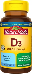 Nature Made Vitamin D3 2000 IU (50 mcg), Vitamin D Nahrungsergänzung für Knochen, Zähne, Muskel- und Immungesundheitsunterstützung, 90 Softgel, 90 Tage Versorgung