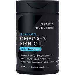 Sportforschung Triple Strength Omega 3 Fish Oil - Burpless Fish Oil Supplement w/EPA & DHA Fettsäuren von Single-Source Wild Alaska Pollock - 1250 mg, 90 ct