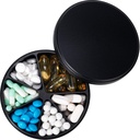 Pill Organizer mit 6 Komponenten - Heavy Duty Metal Daily Pill Case, Große Säule Behälterhalter, Wasserdichte Medikamentenspender Pille Box für Vitamin Supplement Medizin Fischöle, 0.38lb, Schwarz