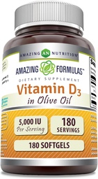 Amazing Formulas  Vitamin D3 with Olive Oil  5000  IU Softgels Supplement | Non-GMO | Gluten Free | Made in USA (180 Count)