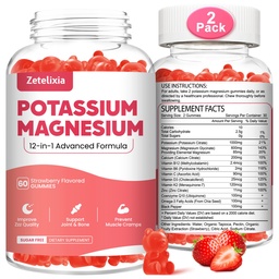2 Pack Kalium Magnesium Ergänzung Gummi für Erwachsene Kinder, Magnesium Glycinat & Kalium Citrat, Plus Multivitamin, Omega-3 & Schwarz Pfeffer, Leg Cramps, Muskel & Herz Gesundheit, 120 Zähler