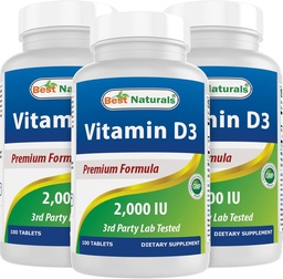 Best Naturals Vitamin D3 2000 IU (50 mcg) - 100 Tabletten - 100 Tage Versorgung - Unterstützt Immune Gesundheit, starke Knochen und Zähne, & Muskelfunktion (100 Zähler (Pack von 3))