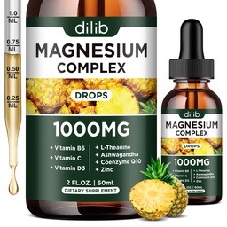 Triple Magnesium Complex Supplement, Magnesium Glycinat, Mischung, Citrat Flüssigkeitstropfen 1000mg mit Ashwagandha, CoQ10, Vitamin B6, C, D, Zink - Vegan Ananas Flavor
