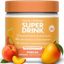 Forgge Energy Booster Super Drink - Clean Caffeine + B12, B6, C & D Vitamine - Sugar Free Energy Drink Powder mit Elektrolyten, Aminosäuren, Antioxidantien, Lions Mane - Vegan, Keto-Friendly - 30 SVG, Peach Mango