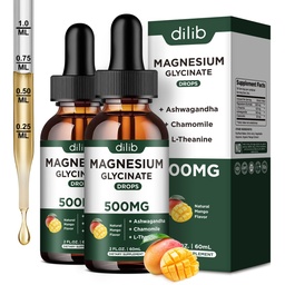 Magnesium Glycinate Liquid Drops Supplement, mit Magnesium Glycinat 500mg Ashwagandha, L - Theanin, Kamille -Unterstützung Stress Relief, Knochen, Muskel, Mood Mango Flavor 2Pack