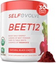 Selfevolve Beet12 - Organic Beet Root Powder Verbessert mit Vitamin B12, Nitric Oxid Booster, Rübensaft Pulver Unterstützung Natürliche Energie, Rübenpulver mit schwarzem Kirsch Flavor, 30 Portionen