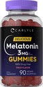 Carlyle Melatonin Gummies 3mg | 90 Count | Fruchtgeschmack Gummy Supplement | 100% Drug Free Support | Vegan, Non-GMO, glutenfrei