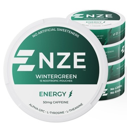 NZE Koffein Nootropic Pouches (Wintergreen) - Energy Pouches mit 50mg Koffein, Alpha GPC, L-Tyrosine & L-Theanine mit Ohne Zucker oder künstliche Süßungsmittel - 15 Pouches per Can - 5 Pack