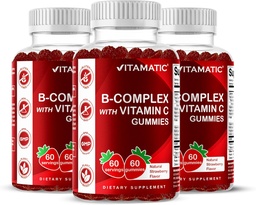 Vitamatic Vitamin B Complex Gummis mit Vitamin C & Inositol - Natürliche Erdbeer Flavor - 60 Gummi (3 Flaschen)