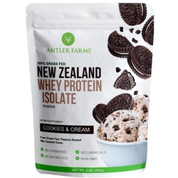 Antler Farms - 100% Grass Fed New Zealand Whey Protein Isolate, Cookies & Cream Flavor, 2 lbs - Pure and Clean, 5 ingredienti, processo a freddo