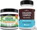 Super Greens Pulver mit Probiotika Präbiotika und Verdauungsenzyme (30 Portionen) Plus hydrolysierte Collagen Peptidkapseln (45 Tage Versorgung)