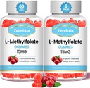 2 Pack L-Methylfolat 15mg & Methyl B12 Gummie, Folat-Ergänzung für Gehirngesundheit, Stimmung & Immunität, DNA-Synthese & Reparatur, Freier Zucker, Vegan, Cranberry Flavor, 120 Count
