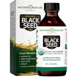 Mutter Natur USDA Organic Black Seed Oil – Kalt gepresst, Unrefined & Vegan Nigella Sativa, High Thymoquinone (2%+), Omega 3 6 9 für Immun-, Gelenk- und Herzunterstützung, Haar- & Haut, Non-GMO, 16oz