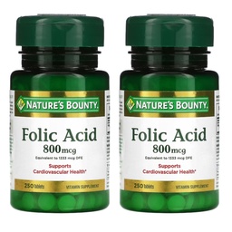 Nature's Bounty Folic Acid 800 mcg Vitamin Supplement Maximale Stärke - 250 Tabletten, Paket von 2