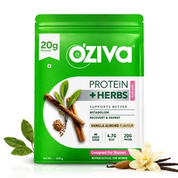 OZIVA Protein & Kräuter für Frauen | 1.1 Lbs (500 gm) mit Multivitaminen, Curcumin, Shatavari, Tulsi für verbesserten Metabolismus, Hormonal Balance & Skin, Haargesundheit, Vanilla Almond (1.1 lb)