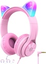 iClever Kids Cuffie con Cat Ear Led Light Up, Limite di volume sicuro, FunShare, Pieghevole, Cuffie Over-Ear per bambini per scuola/iPad/Tablet/Travel, Donut-Pink Meow