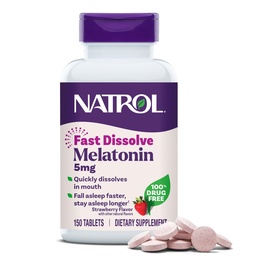 Natrol Melatonin 5mg Comprimés à dissolution rapide, Suppléments de soutien du sommeil pour adultes, Saveur de fraise, 150 comprimés, jusqu'à 150 jours d'approvisionnement