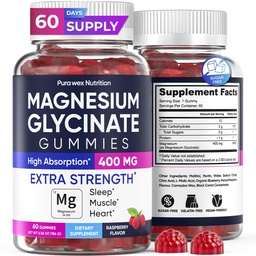 Magnesium Glycinate Gummi 400mg, hohe Absorption Magnesium Ergänzung für Frauen, Männer und Kinder, Muskelunterstützung und Entspannung, Zuckerfrei, Vegan, 60 Tage Versorgung