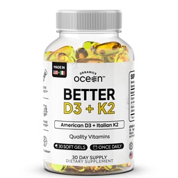 Bios Ocean Better D3 + K2-100% Bio VIT D3 und K2 Ergänzungen mit maximaler Bioverfügbarkeit - unterstützt Knochendichte, Calcium Balance, Immunität & Stimmung - 1-Pack, 30-Tage-Versorgung