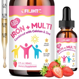 Flüssige Eisen-Ergänzung für Kinder, Frauen und Männer - mit Kalzium, Zink, Kinder Multivitamin mit Eisentropfen - Immununterstützung, Blut-Erbauer & Energie-Unterstützung für Eisenmangel, Anämie, Vegan 2 Fl Oz