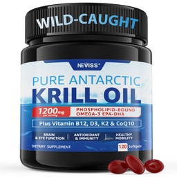 Huile de krill de l'Antarctique 1200 mg supplément Omega 3, softgels d'huile de krill de l'Oméga 3 avec/EPA, DHA, Astaxanthin et Phospholipides pour le cerveau et l'antioxydant, source durable, sans arrière-goût de poisson, 120 Softgels