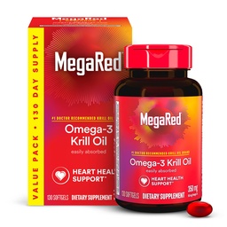 MegaRed - Omega-3 Krill Öl 350mg Softgels (130 Zählung in einer Flasche), EPA & DHA Omega-3-Fettsäuren ohne fischigen Nachgeschmack im Gegensatz zu Fischöl, enthält Antioxidans Astaxanthin