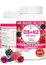 Lunakai USA Hergestellte Vitamin D3 K2 Gummie mit Kalzium – 3-in-1 Tägliche vegane Ergänzung für Knochen und Immununterstützung für Frauen, Männer & Kinder, 60ct