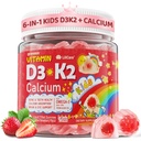 Vitamin D3 K2 + Calcium-Flüssig-gefüllte Gummie für Kinder & Jugendliche, 1000IU / 2000IU D3 mit Magnesium, Algal Omega 3, Kinder-Vitamine für Knochen & Zähne, Calcium-Absorption, Gehirn, Immun, Zuckerfrei, 60Cts