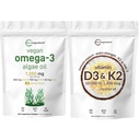 Micro-ingrédients Vitamine D3 10 000iu + K2 200mcg Huile de coco Softgels & Vegan Omega 3 Supplément d'huile d'algues Bundle 2 Pack de vitamines essentielles du soleil Omega-3 Full Spectrum Alternative to Fish Oil