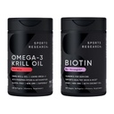 Sport Research® Glow and Flow Pack - Omega-3 Krill Oil 500mg - Pure Antarktis Superba Krill mit Phospholipiden, Choline & Astaxanthin & Biotin 10.000mcg mit Bio Kokosöl (Vitamin B7)