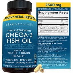Dreifaches Omega-3-Fischöl-Supplement für Männer und Frauen - 2500 mg hochpotente, leicht absorbierbare Re-esterifizierte Triglyceridform, Pescatarian-freundliches DPA EPA DHA Omega-3-Supplement, 180 Softgels