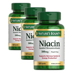 Nature's Bounty Niacin 500mg Flush Free, Cellular Energy Support, Supports Nervous System Health, 120 Capsules (Pack of 3)