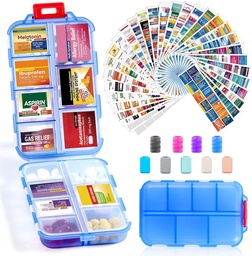 14 Grids Travel Pill Organizer Box mit 415-Pcs Medizin Name Labels - Pocket Daily Pharmacy Case Container Kit - Travel Medication Holder Dispenser für Fish Oil Vitamin Supplement Storage -Clear Blue