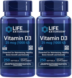 Life Extension Vitamin D3 25 mcg (1000 IU), Immune System Support, Bone Health, Whole-Body Health, Value Size, Gluten-Free, Non-GMO, 250 softgels (Pack of 2)
