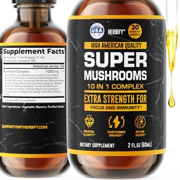 Mushroom Supplement - Lions Mane Reishi Cordyceps Chaga Turkey Tail Inulin & More Mushrooms For Immune Support, Energy - Premium Nootropic Brain Supplements For Memory And Focus - Made in USA 2 FL Oz