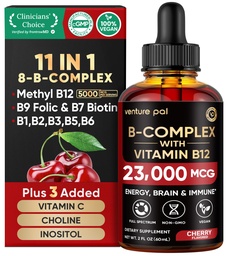 Venture Pal Vitamin B Complex Liquid Drops, B12 Methylcobalamin | B9 Folic | B1,B2,B3,B5,B6,B14 - Vitamin C, Choline, Inositol, Immune & Energy Metabolism, Brain & Heart Support