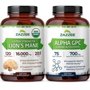 Zazzee Alpha GPC and Organic Lions Mane Supplement Capsules | Alpha GPC Choline Plus High Potency Lions Mane Extract | Nootropic Brain Support Bundle