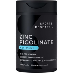 Sportforschung High Potency Zinc Picolinate 30mg mit Bio Kokosöl | Hochsorpierbare Zinkergänzung für gesunde Immun- und Enzymfunktion - Non-GMO Tested & Gluten-Free (180 Liquid Softgels)