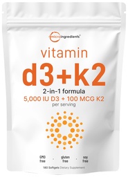 Micro Ingredients Vitamin D3 5.000 IE + K2 MK-7 100 mcg, 180 Softgels | 2-in-1-Formel | Einfach zu schlucken, Nicht-GVO