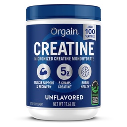 Orgain Creatin Monohydrat Mikronisiertes Pulver, 100 Servierungen, Unflavored, unterstützt Muskelwachstum, Post Workout Erholung und Gehirngesundheit, keine künstlichen Additive, für Männer & Frauen (Packaging Mai Vary)